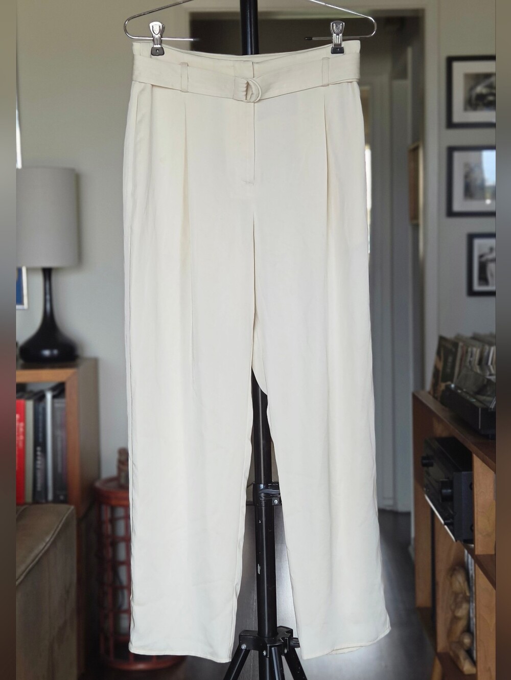 Lapointe Satin Belted Pant - High-Rise Cream Wide-Leg Trousers with Belt